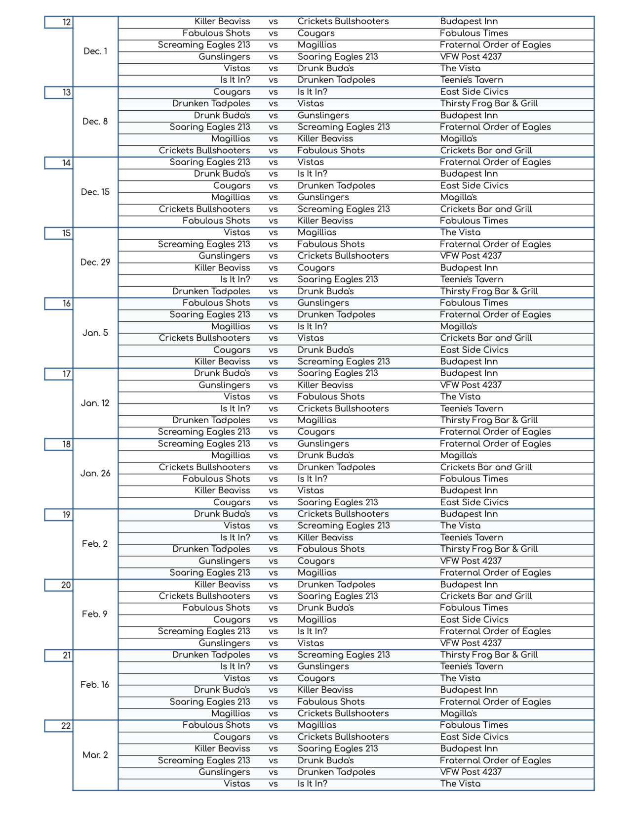 Schedules Youngstown Dart Association